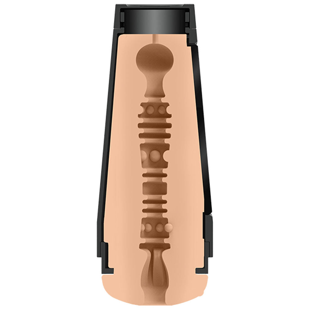 Interior textured sleeve of Main Squeeze Kiley Corrupt stroker on a clear white background | Flirty Bay, male masturbator adult store Australia