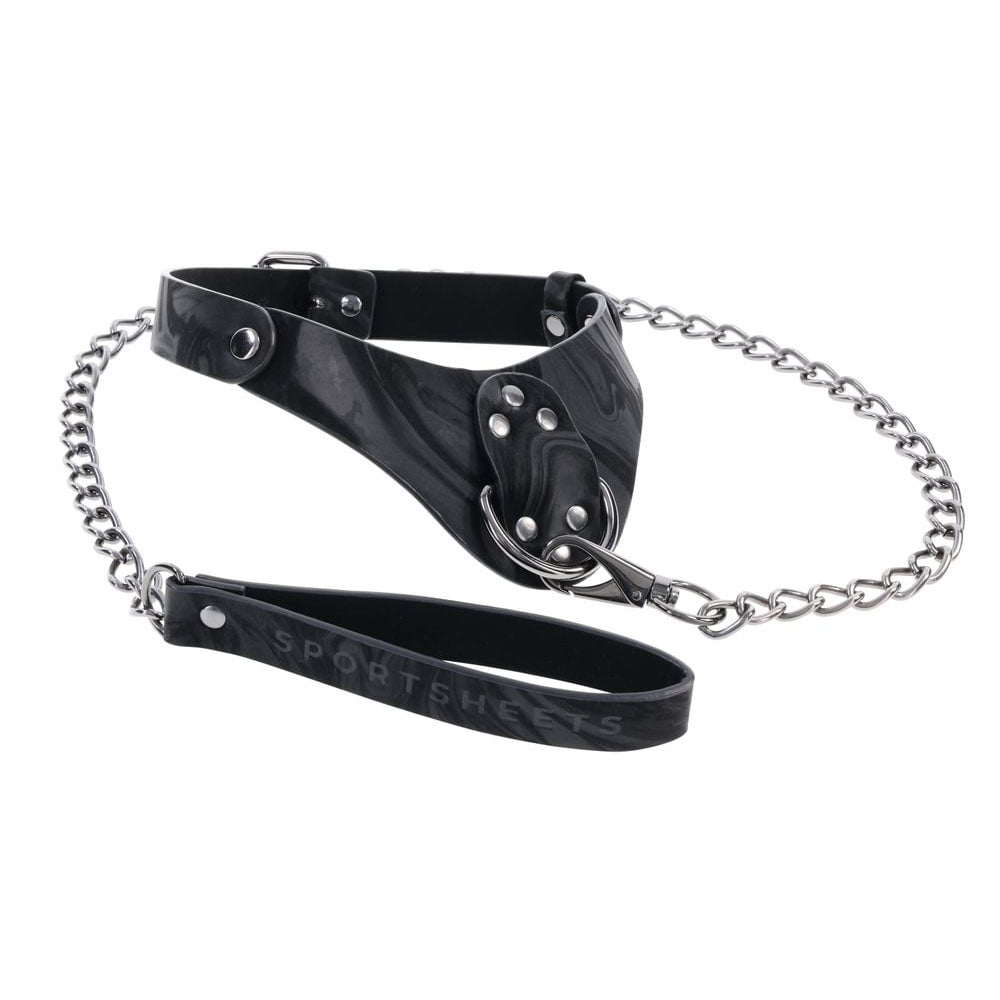 Kinky sex tools – Close-up of hematite leash and faux leather handle, ideal for bondage and discipline | Flirty Bay, bondage toys, bondage, bdsm sex tools, adult store australia