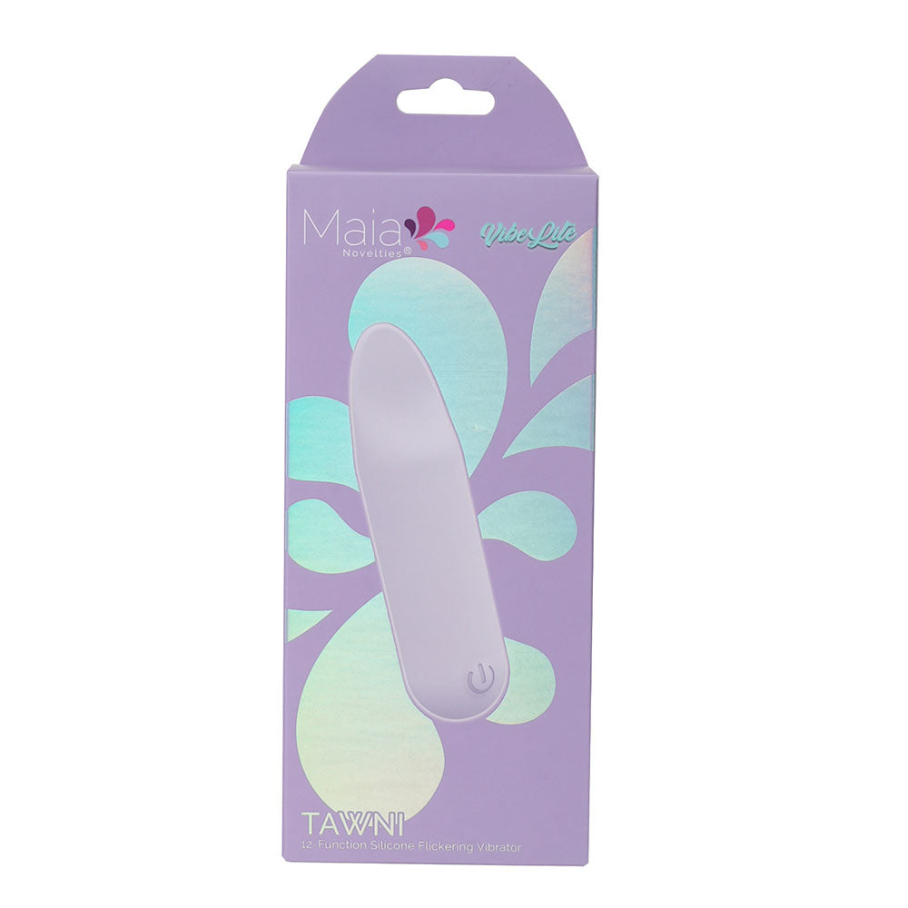 Front view of the lavender Maia Tawni bullet vibrator packaging on a white background | Flirty Bay, sex toys Australia
