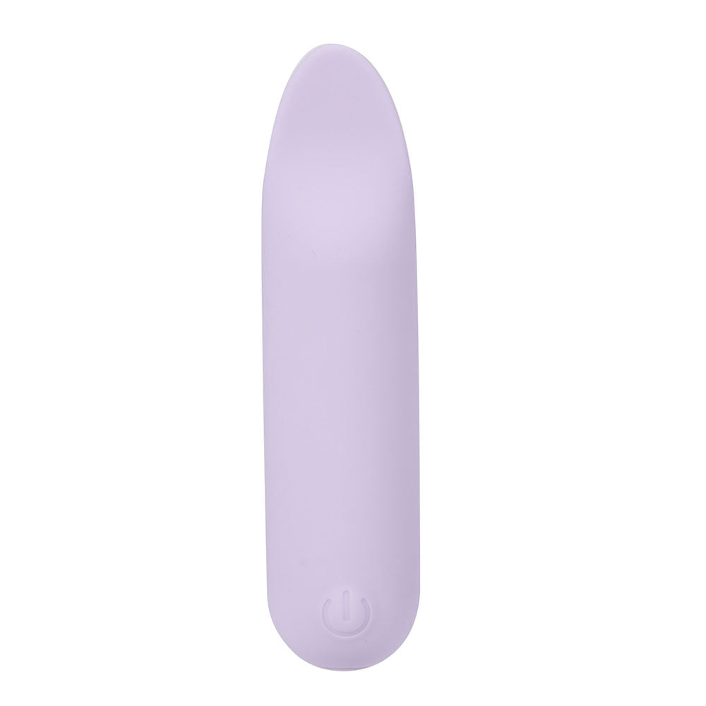 Side front view of the lavender Maia Tawni bullet vibrator showing specifications on the right side, on a white background | Flirty Bay, sex toys Australia