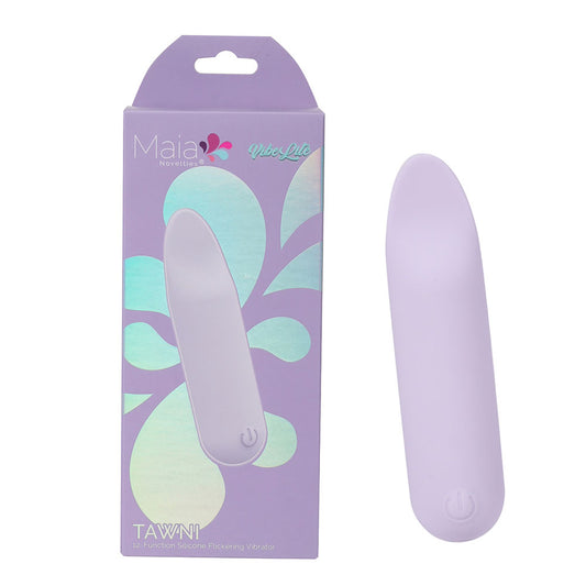 Side view of the lavender Maia Tawni bullet vibrator with packaging on the left side, on a white background | Flirty Bay, sex toys Australia