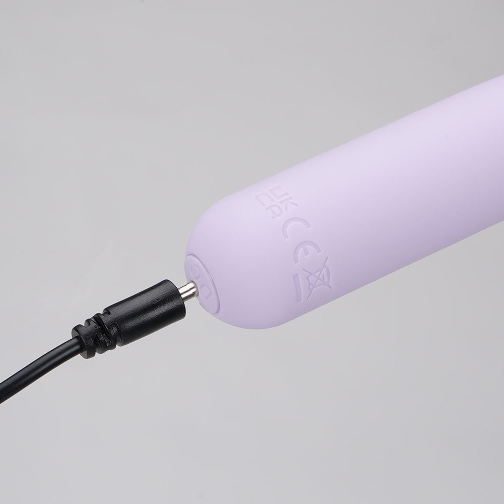 Top view of the lavender Maia Tawni bullet vibrator with close-up of the charger port | Flirty Bay, sex toys Australia
