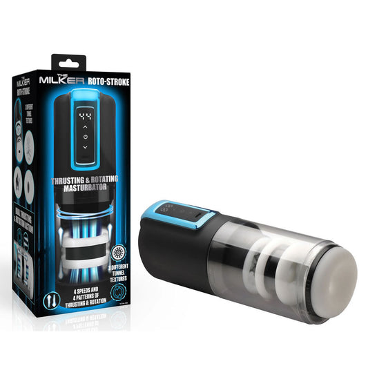 Front view of LoveBotz The Milker Roto-Stroke thrusting and rotating male masturbator with packaging | Flirty Bay Adult Store and Strokers in Perth Australia