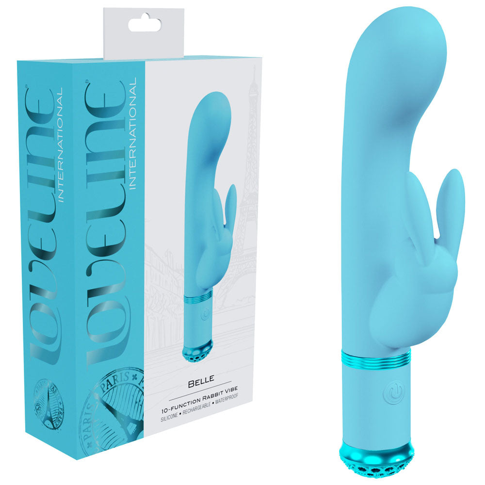 Front view of blue Loveline Belle rabbit vibrator with packaging on left side, showcasing premium silicone design | Flirty Bay, anal plug adult store Australia