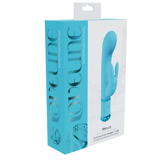 Side view of Loveline Belle rabbit vibrator packaging with brand logo displayed at the top | Flirty Bay, anal plug adult store Australia