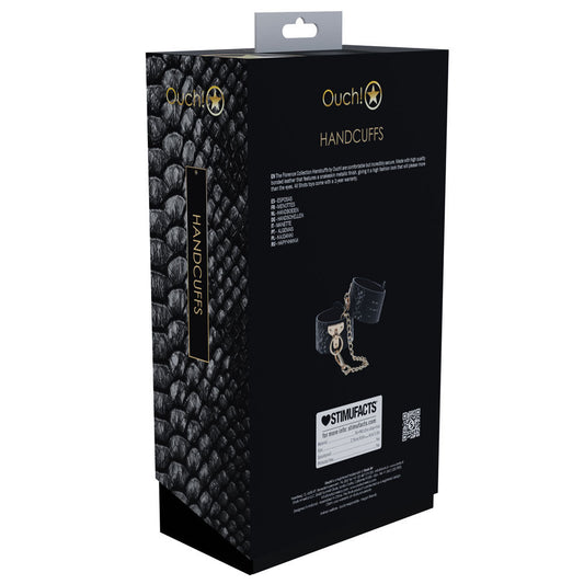 Elegant black faux leather bondage sex handcuffs with gold chain and snakeskin pattern, perfect for stylish bedroom restraint play, back box view | Flirty Bay online adult store, adult toys and lingerie