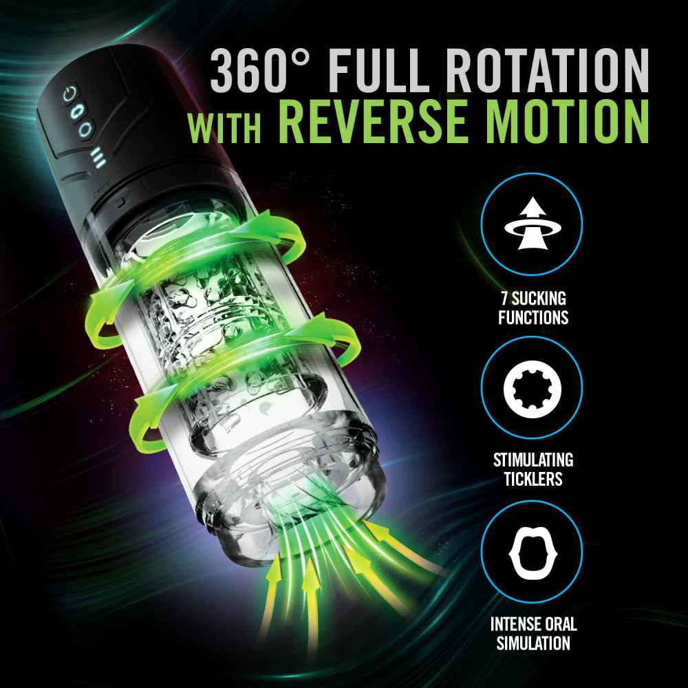 Front view of M For Men Whirlwind Pro auto stroker highlighting 360 degree full rotation with reverse motion | Flirty Bay Adult Store and Strokers in Perth Australia