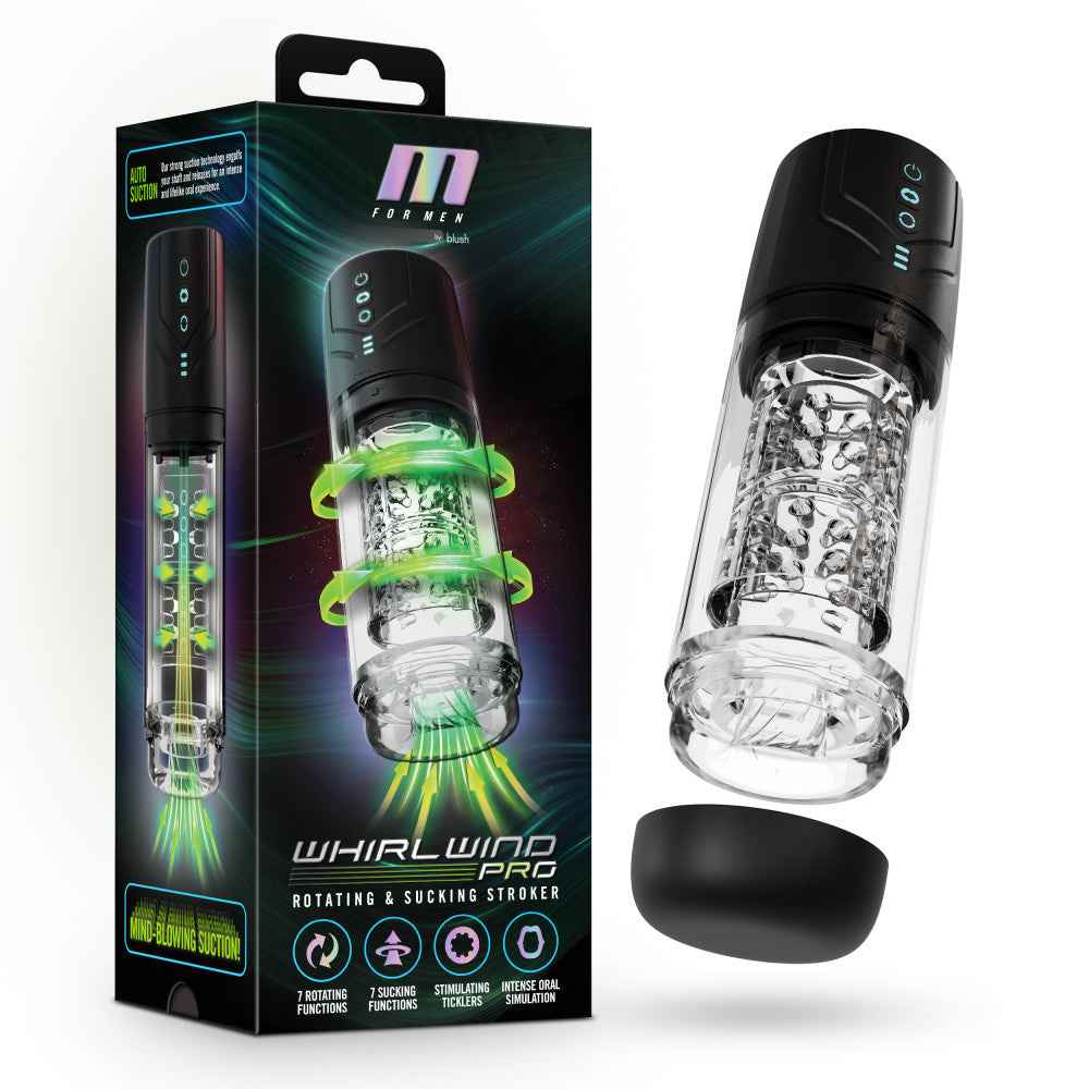 Side view of black and clear M For Men Whirlwind Pro rotating and sucking auto stroker with packaging on white background | Flirty Bay Adult Store and Strokers in Perth Australia