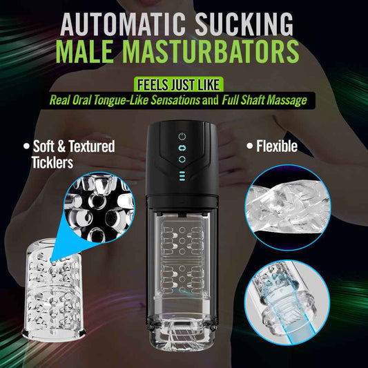 Front view of M For Men Whirlwind Pro automatic sucking male masturbator with three specification circles | Flirty Bay Adult Store and Strokers in Perth Australia