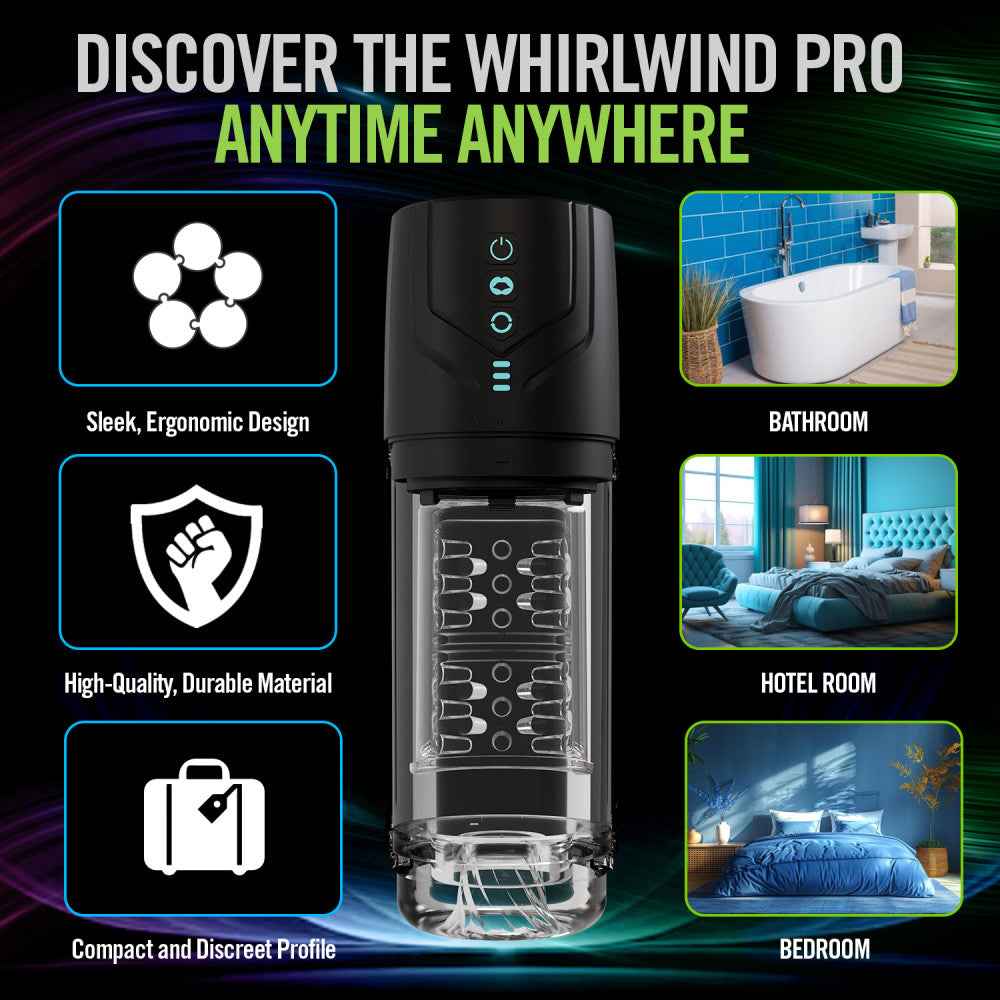 Front view of M For Men Whirlwind Pro auto stroker with six specification blocks and title Discover the Whirlwind Pro anytime anywhere | Flirty Bay Adult Store and Strokers in Perth Australia