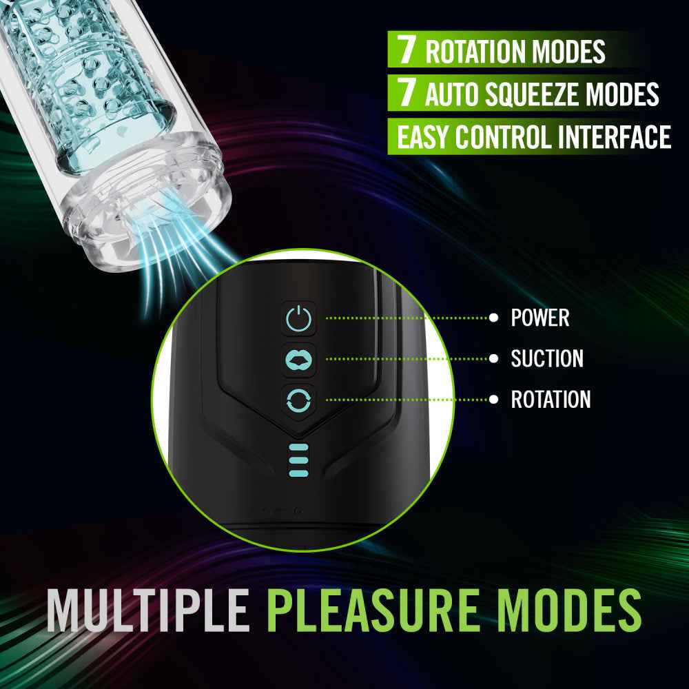 Side view of M For Men Whirlwind Pro auto stroker showing multiple pleasure modes | Flirty Bay Adult Store and Strokers in Perth Australia