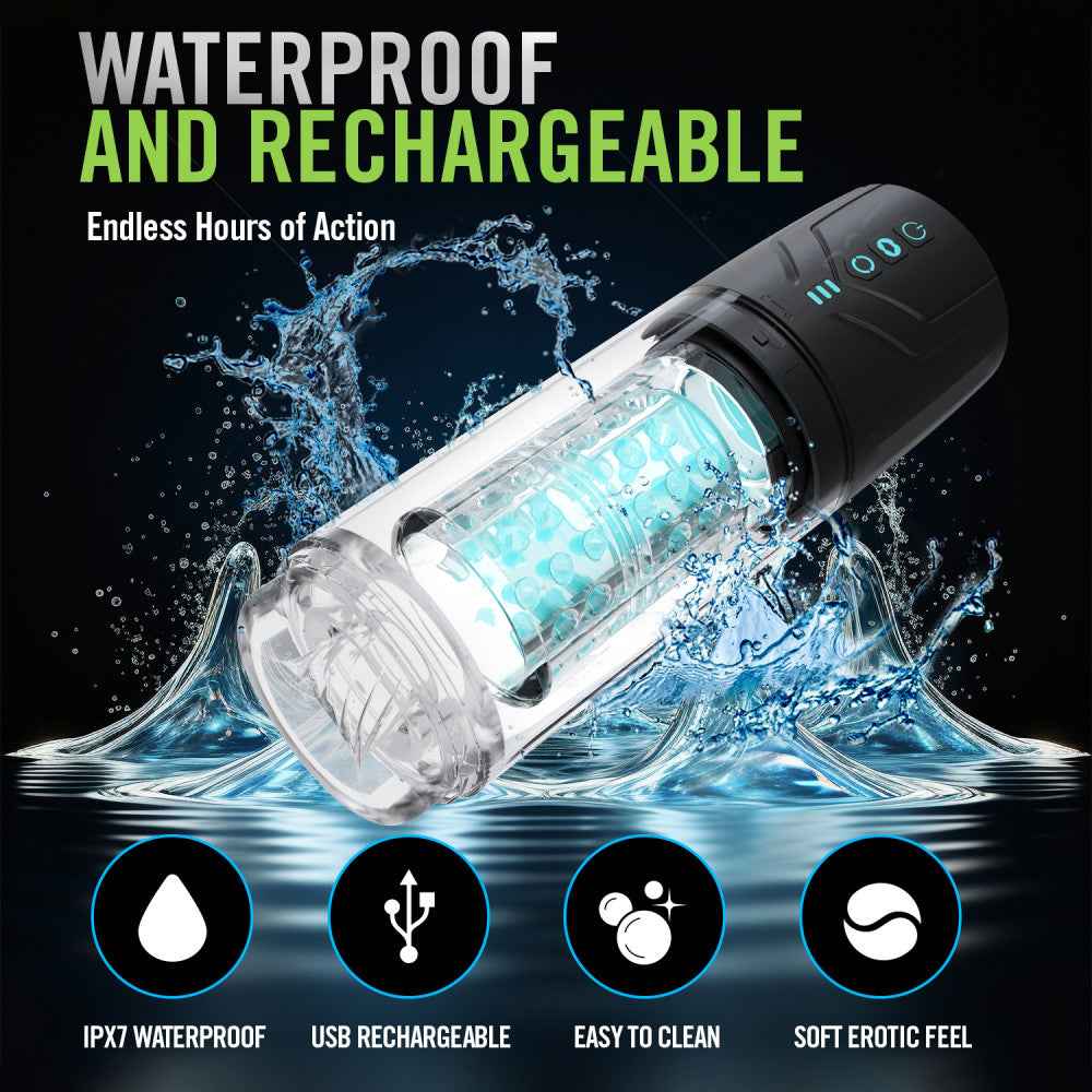 Side view of M For Men Whirlwind Pro rotating and sucking auto stroker showing waterproof feature | Flirty Bay Adult Store and Strokers in Perth Australia