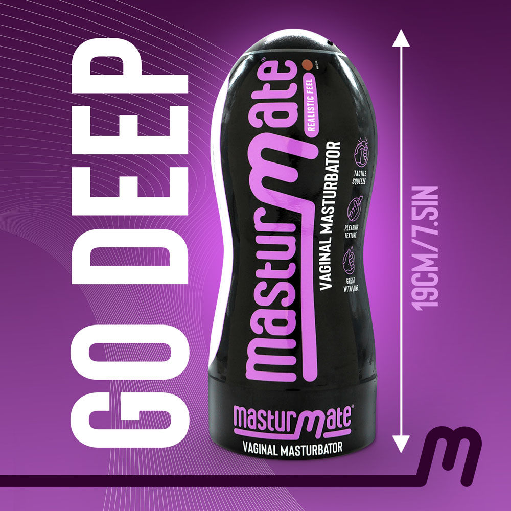 Masturmate Pocket Pussy Mocha realistic vagina with dimensions shown on a purple background| Flirty Bay Adult Store and pocket pussy in Perth Australia