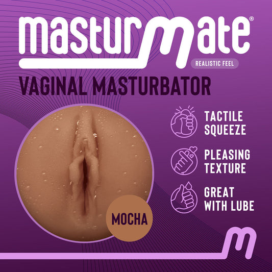 Front view of Masturmate Pocket Pussy Mocha realistic vagina with specifications, title Vaginal Masturbator on a purple background | Flirty Bay Adult Store and pocket pussy in Perth Australia