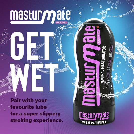 Masturmate Pocket Pussy Mocha realistic vagina paired with water-based lube, on a blue and purple background | Flirty Bay Adult Store and pocket pussy in Perth Australia