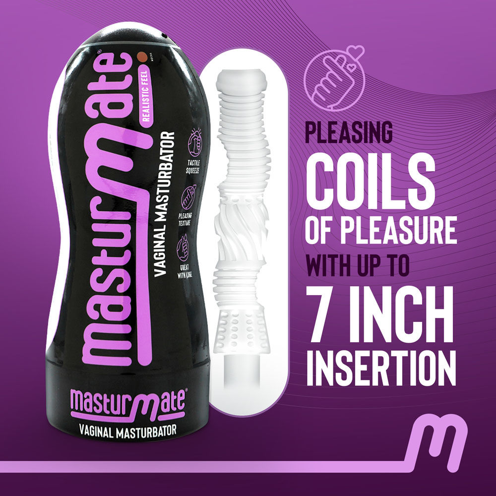 Masturmate Pocket Pussy Mocha realistic vagina showing internal sleeve texture, title: Pleasing Coils of Pleasure With Up To 7 Inch Insertion, on a purple background | Flirty Bay Adult Store and pocket pussy in Perth Australia
