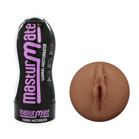 Side view of Masturmate Pocket Pussy Mocha realistic vagina with close-up sleeve entrance on a white background | Flirty Bay Adult Store and pocket pussy in Perth Australia
