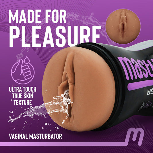 Side view of Masturmate Pocket Pussy Mocha realistic vagina, title: made for pleasure, on a purple background | Flirty Bay Adult Store and pocket pussy in Perth Australia