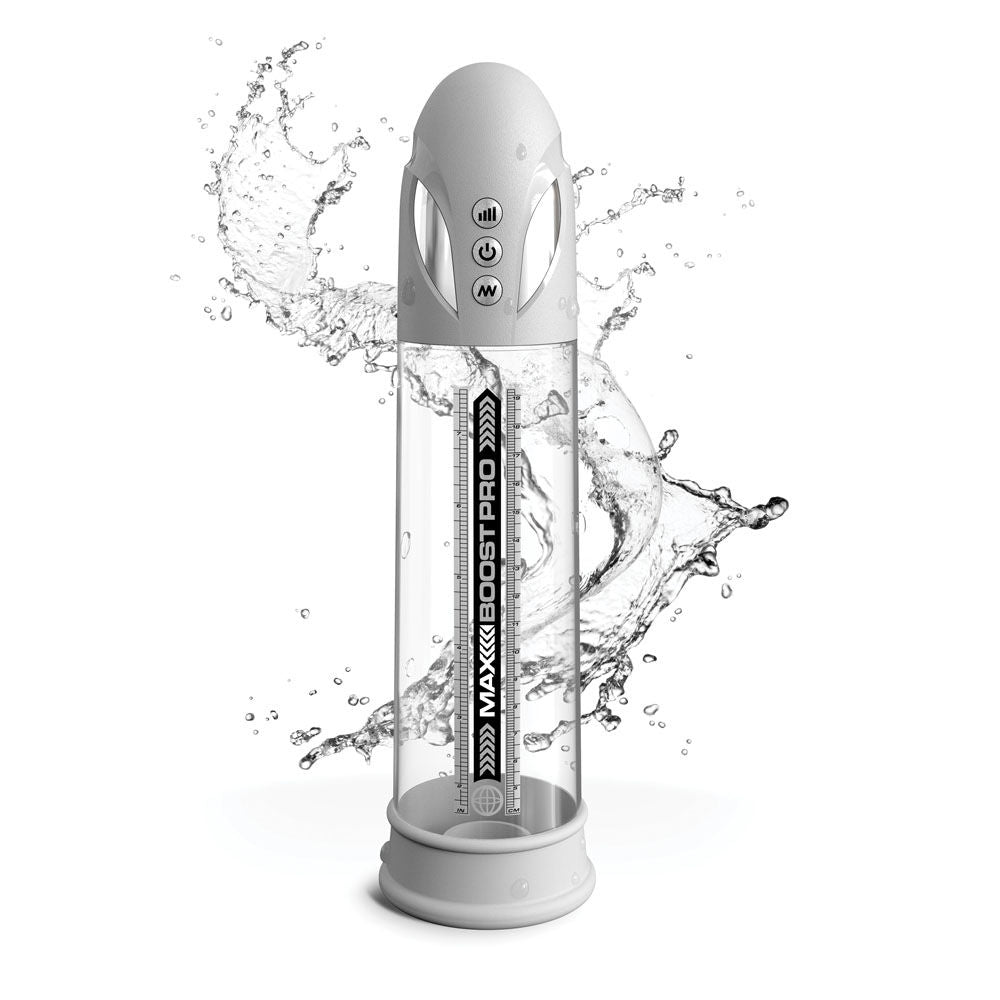 Automatic waterproof penis pump with LED display, silicone sleeve, and crystal clear chamber for enhanced erection support, front| Flirty bay online adult store, adult toys and lingerie
