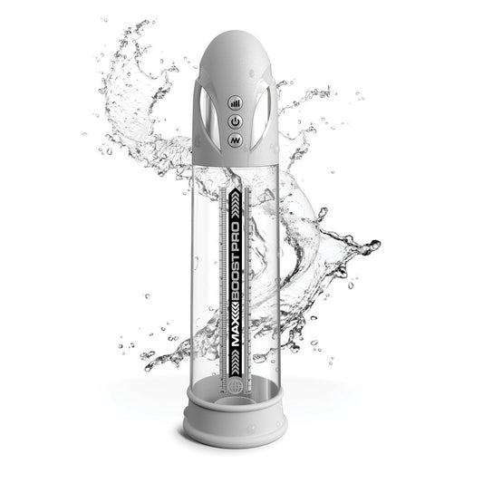 Automatic waterproof penis pump with LED display, silicone sleeve, and crystal clear chamber for enhanced erection support, front| Flirty bay online adult store, adult toys and lingerie