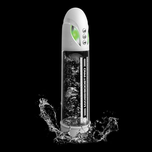 Automatic waterproof penis pump with LED display, silicone sleeve, and crystal clear chamber for enhanced erection support, show waterproof features| Flirty bay online adult store, adult toys and lingerie