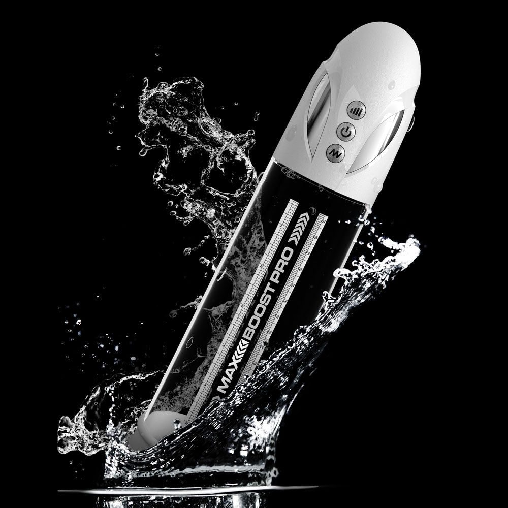 Automatic waterproof penis pump with LED display, silicone sleeve, and crystal clear chamber for enhanced erection support, show waterproof features, side view| Flirty bay online adult store, adult toys and lingerie