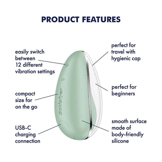Back view of the Mint Satisfyer Drop To Go USB Rechargeable Clitoral Stimulator with specifications on a white background | Flirty Bay, sex toys and clitoral stimulator, Perth Australia