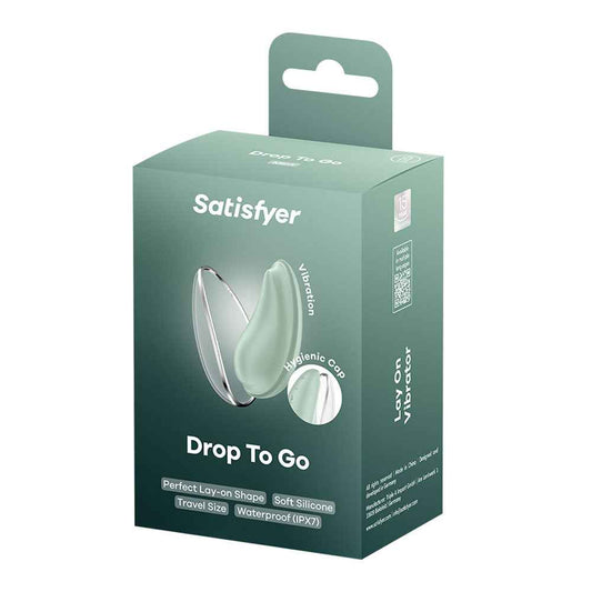 Side view of the packaging of the Mint Satisfyer Drop To Go USB Rechargeable Clitoral Stimulator on a white background | Flirty Bay, sex toys and clitoral stimulator, Perth Australia