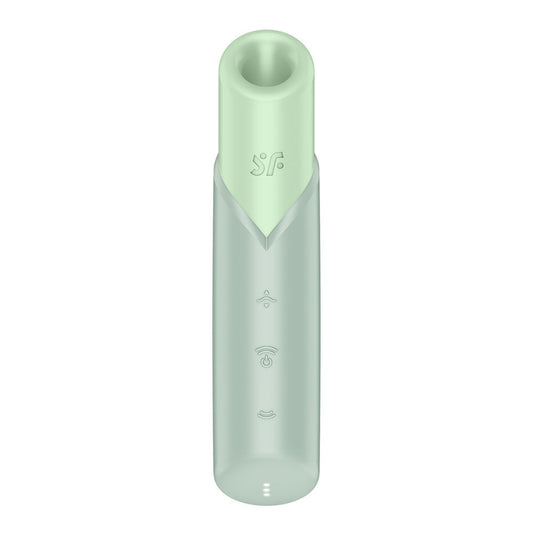 Front angle of Satisfyer Naughty Kiss clitoral stimulator in sleek lipstick design | Flirty Bay Adult Store Australia, Vibrator