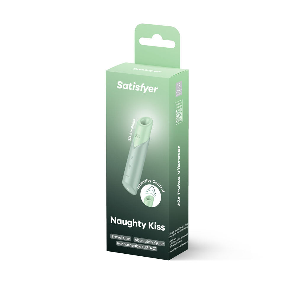 Packaging of the Satisfyer Naughty Kiss air pulse stimulator with branding clearly displayed | Flirty Bay Adult Store Australia, Vibrator