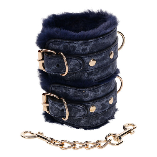 Navy blue faux fur sex handcuffs with gold chain and buckles for luxurious bondage play | Flirty Bay online adult store, adult toys and lingerie