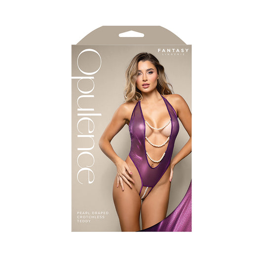 Packaging of the Opulence pearl draped bodysuit in purple, featuring elegant box design perfect for gifting | Flirty Bay lingerie store and adult store Australia