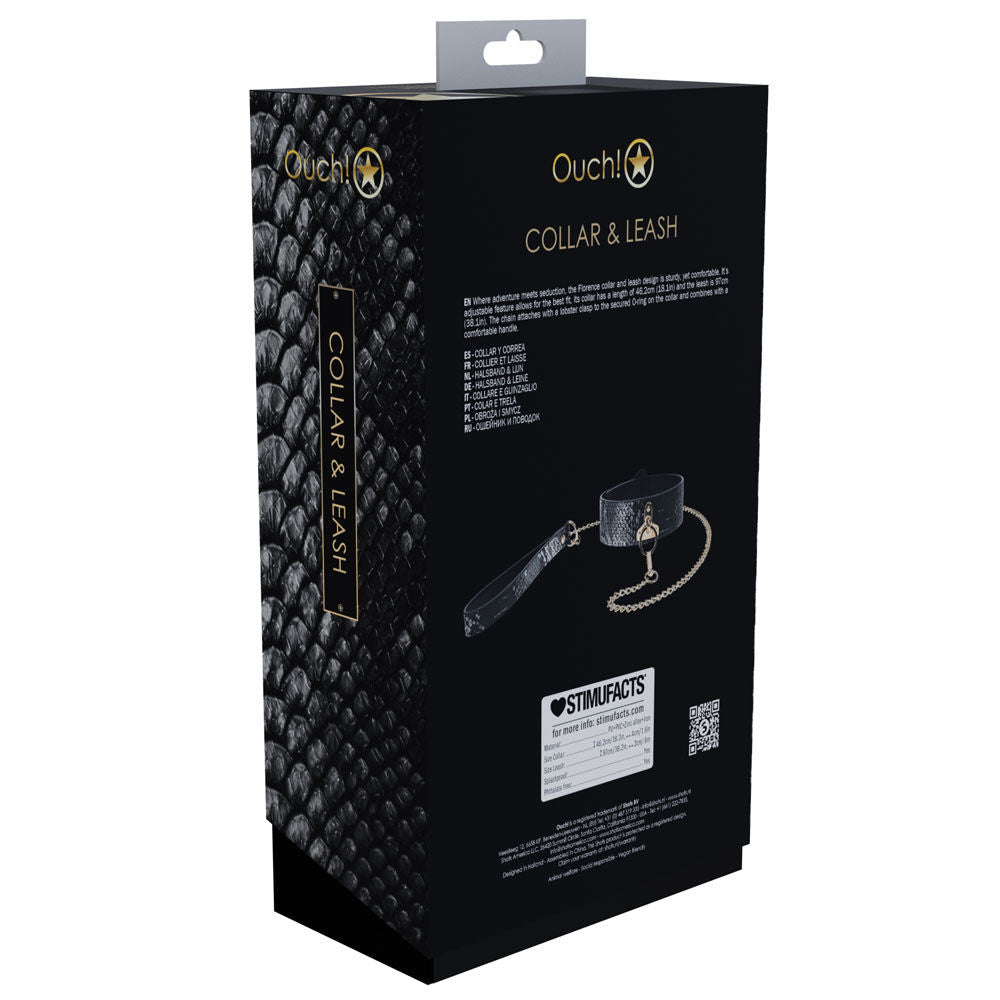 Bonded leather BDSM collar with iridescent leash from the Florence Collection by OUCH! – elegant and adjustable for bondage play, back view box | Flirty bay online adult store, adult toys and lingerie