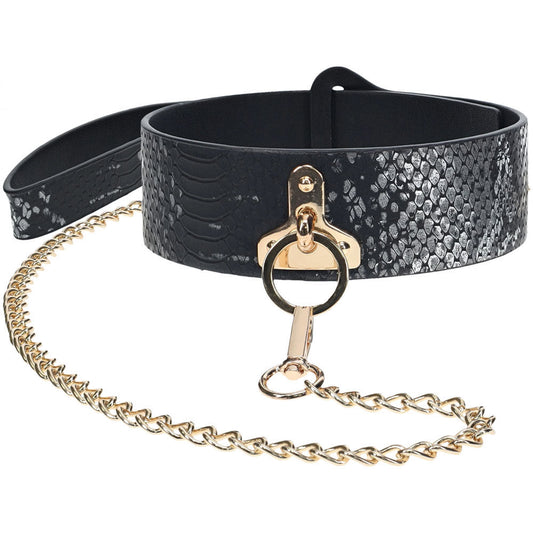 Bonded leather BDSM collar with iridescent leash from the Florence Collection by OUCH! – elegant and adjustable for bondage play, front view | Flirty bay online adult store, adult toys and lingerie