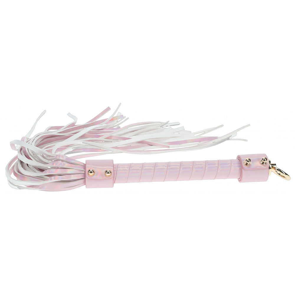 Pink iridescent flogger from the Ouch! Paris Collection with bonded leather strands and a textured handle for stylish impact play | Flirty Bay online adult store, adult toys and lingerie