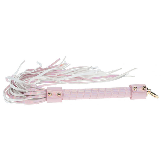 Pink iridescent flogger from the Ouch! Paris Collection with bonded leather strands and a textured handle for stylish impact play | Flirty Bay online adult store, adult toys and lingerie