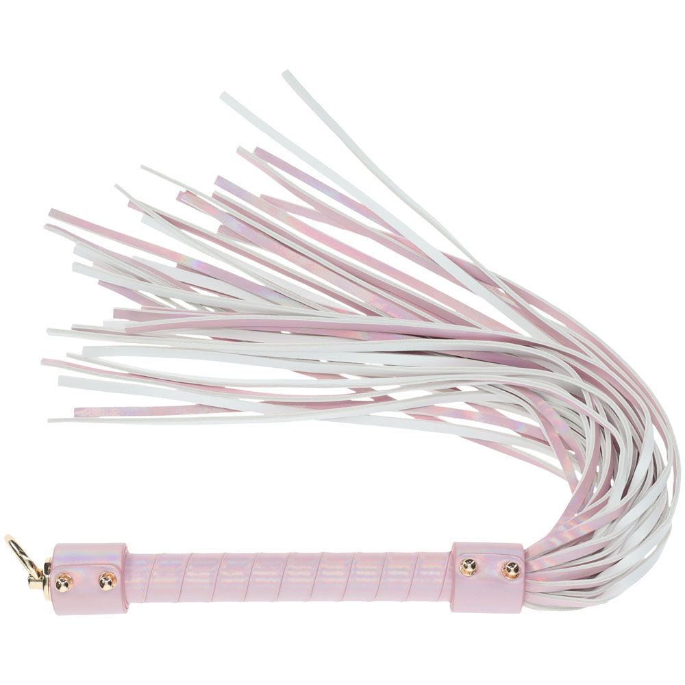 Pink iridescent flogger from the Ouch! Paris Collection with bonded leather strands and a textured handle for stylish impact play, side view | Flirty Bay online adult store, adult toys and lingerie