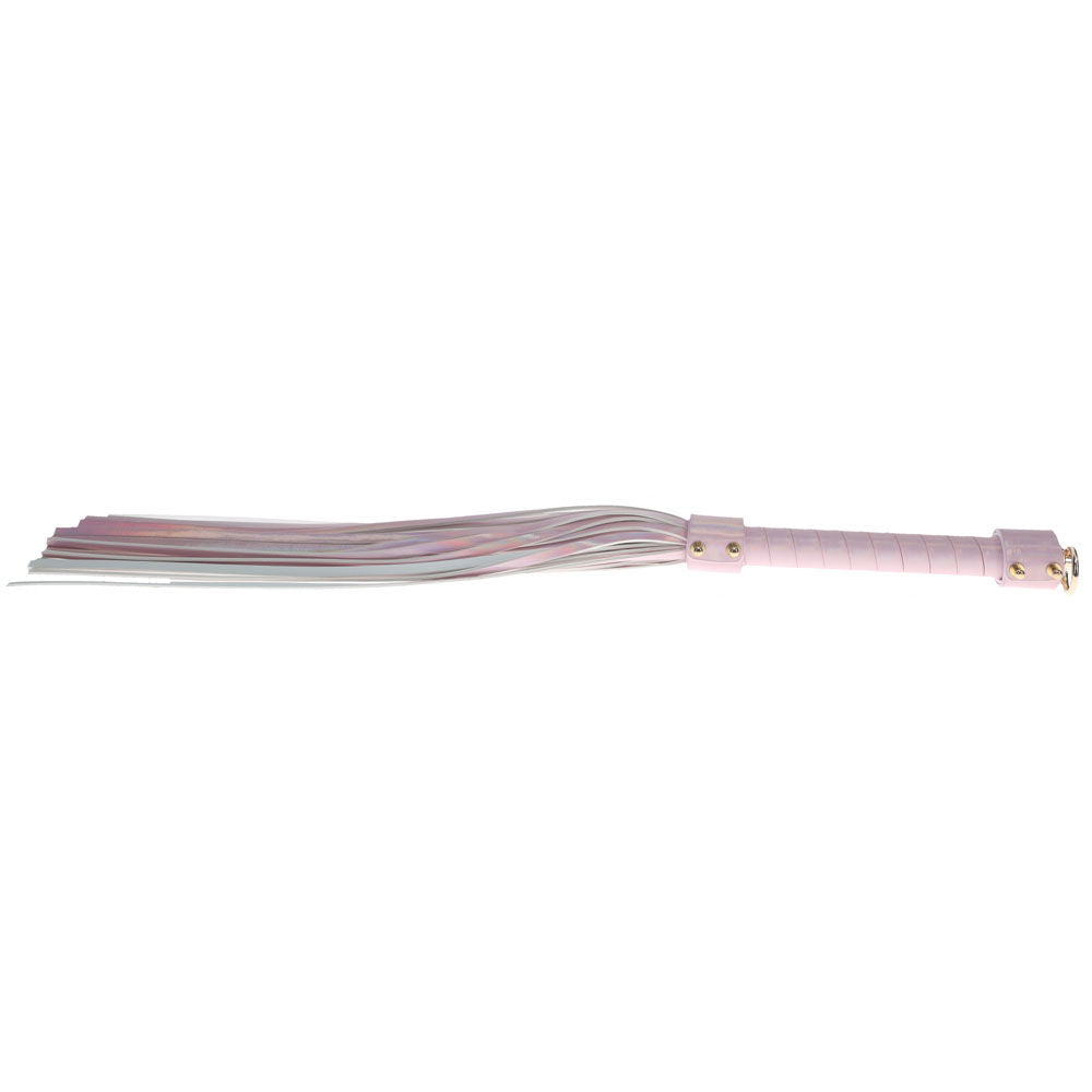 Pink iridescent flogger from the Ouch! Paris Collection with bonded leather strands and a textured handle for stylish impact play, top view | Flirty Bay online adult store, adult toys and lingerie