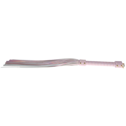 Pink iridescent flogger from the Ouch! Paris Collection with bonded leather strands and a textured handle for stylish impact play, top view | Flirty Bay online adult store, adult toys and lingerie