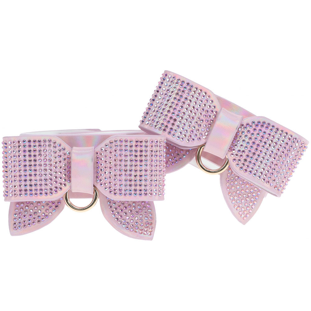 Pink rhinestone bow handcuffs from the Ouch! Paris Collection, featuring holographic bonded leather and gold chain, front view | Flirty Bay online adult store, adult toys and lingerie