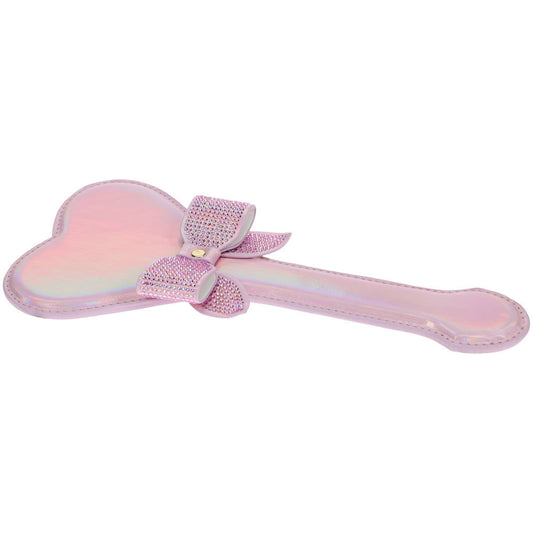 Heart-shaped pink iridescent paddle from the Ouch! Paris Collection with rhinestone bow detailing, made of bonded leather, back view| Flirty Bay online adult store, adult toys and lingerie