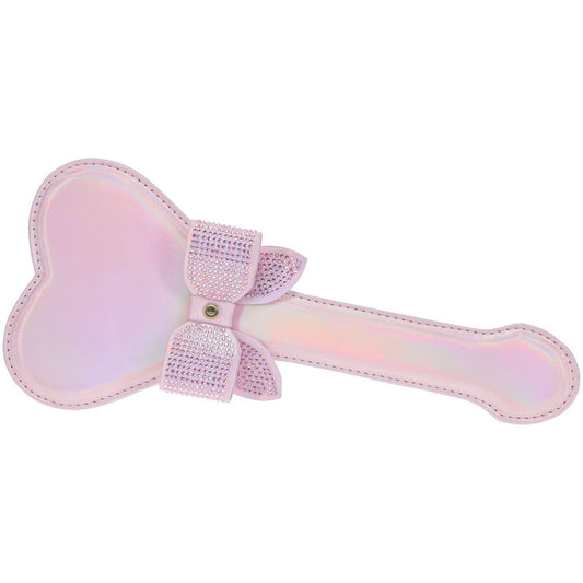 Heart-shaped pink iridescent paddle from the Ouch! Paris Collection with rhinestone bow detailing, made of bonded leather| Flirty Bay online adult store, adult toys and lingerie