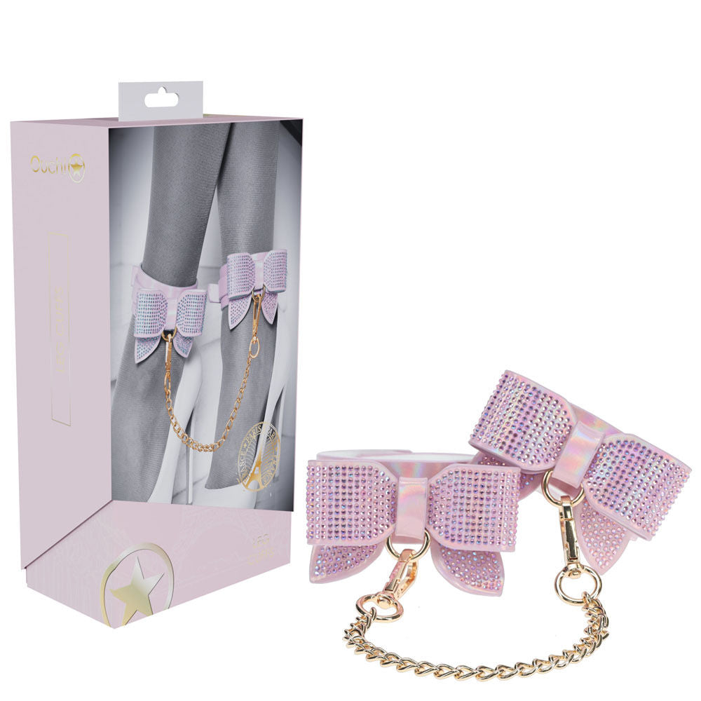 irresistible ankle restraints, crafted to blend sensual control from the Ouch! Paris Collection with rhinestone bow detailing, made of bonded leather, display packaging | Flirty Bay online adult store, adult toys and lingerie