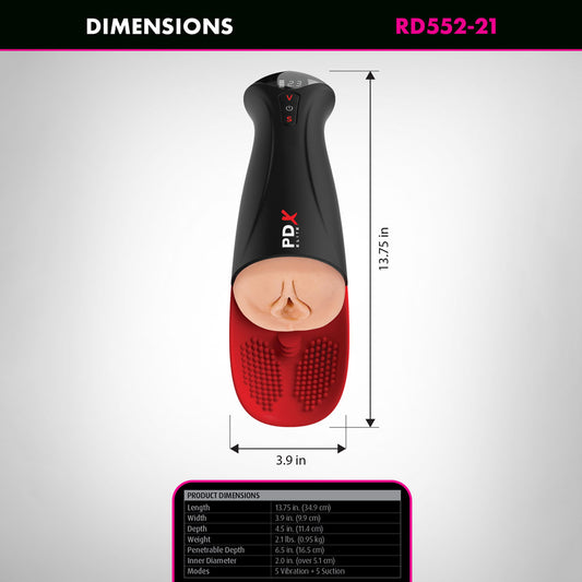 Front view of PDX Elite Fap-O-Matic Pro XL male masturbator with dimensions shown | Flirty Bay Adult Store and Strokers in Perth Australia