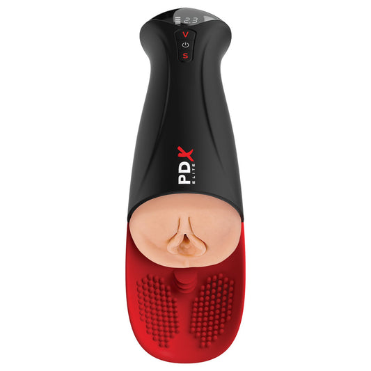 Front view of black red and flesh PDX Elite Fap-O-Matic Pro XL male masturbator on white background | Flirty Bay Adult Store and Strokers in Perth Australia