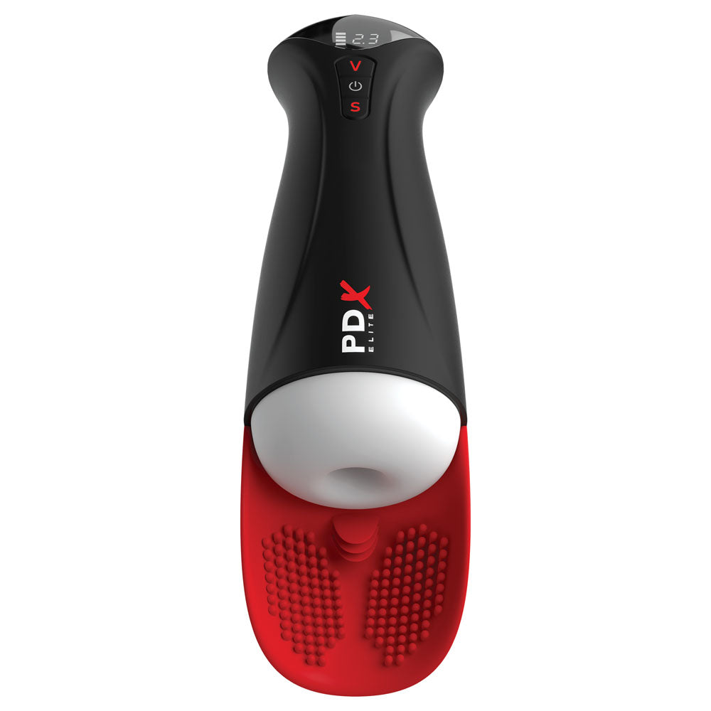 Front view of black red and clear PDX Elite Fap-O-Matic Pro XL auto stroker on white background | Flirty Bay Adult Store and Strokers in Perth Australia