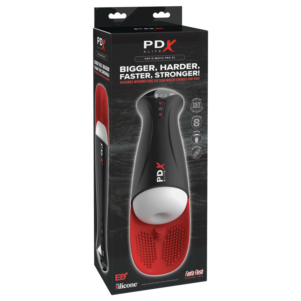 Side view of PDX Elite Fap-O-Matic Pro XL packaging with dimensions displayed | Flirty Bay Adult Store and Strokers in Perth Australia
