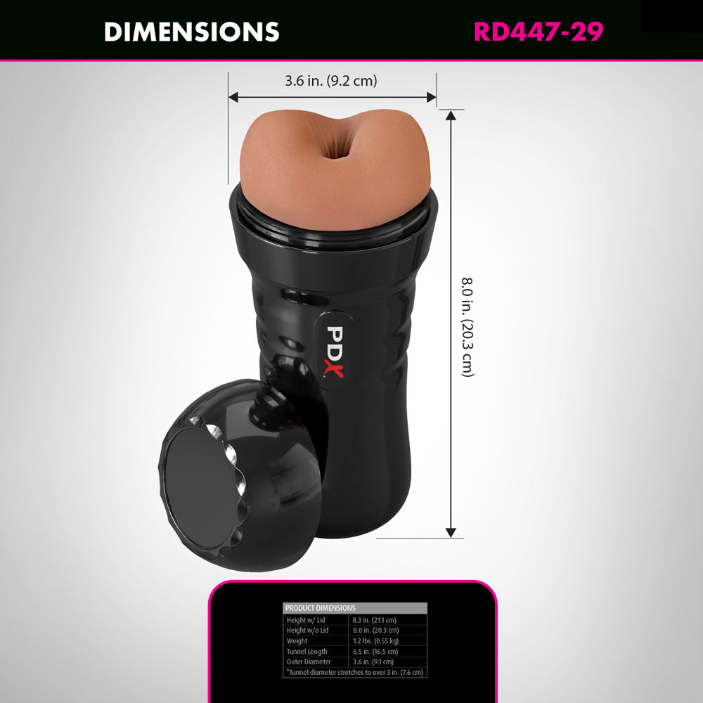 Front view of Open PDX Wet Bussies Super Bangin Butt anal stroker with dimensions shown | Flirty Bay Adult Store and Strokers in Perth Australia