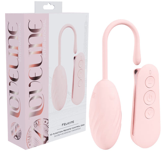 Front view of the pink Loveline Felicite rechargeable vibrating egg with wireless remote on the right and packaging on a white background | Flirty Bay, sex toys Australia