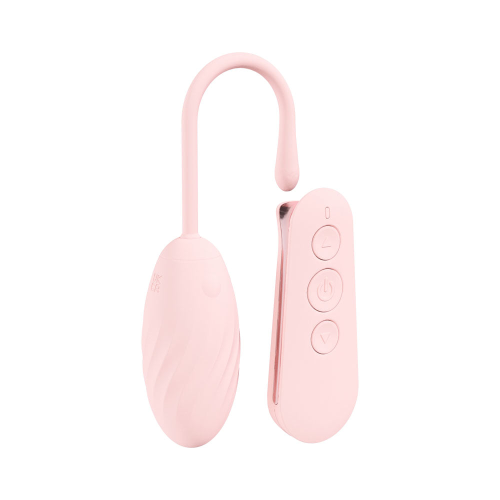 Front view of the pink Loveline Felicite rechargeable vibrating egg with wireless remote on the right on a white background | Flirty Bay, sex toys Australia